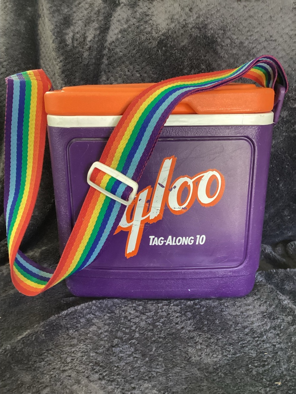 Vintage Igloo Tag-Along 10 Cooler Purple & Orange Rainbow Strap Retro 90s USA